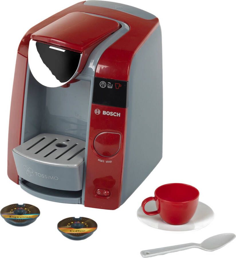 Klein Toys Bosch Tassimo koffiemachine 20x16x20 cm espressoset en 2 koffiepads incl. waterreservoir en geluidseffecten rood grijs
