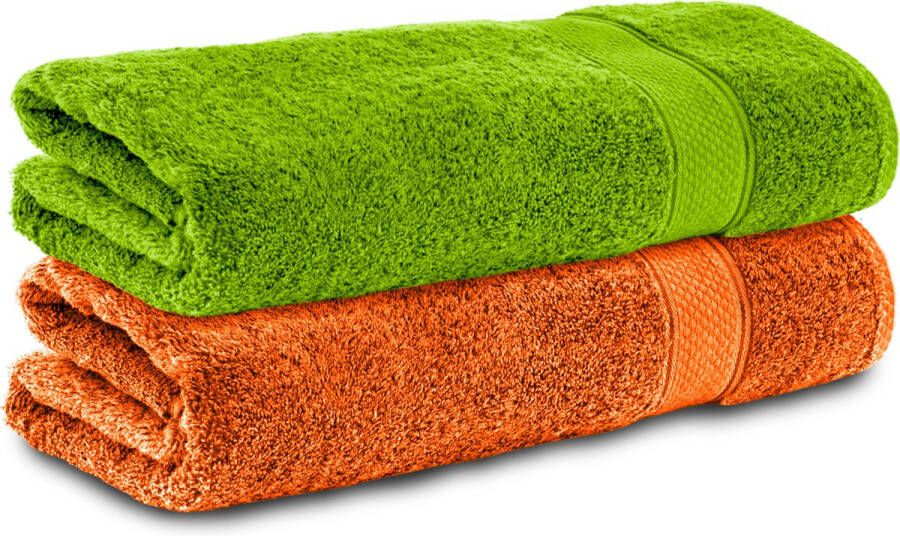 Komfortec 2x Handdoek 50x100 100% Katoen – Handdoekenset Zacht Oranje&Groen