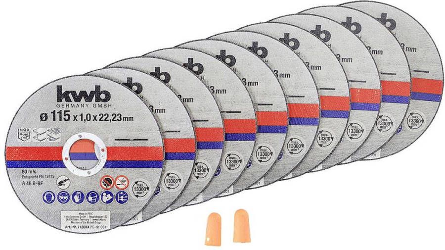 KWB doorslijpschijven dunne haakse slijper 115 mm doorslijpschijf voor RVS INOX in opbergdoos inclusief oordopjes AFM. 115 x 1 x 22 23 Ø