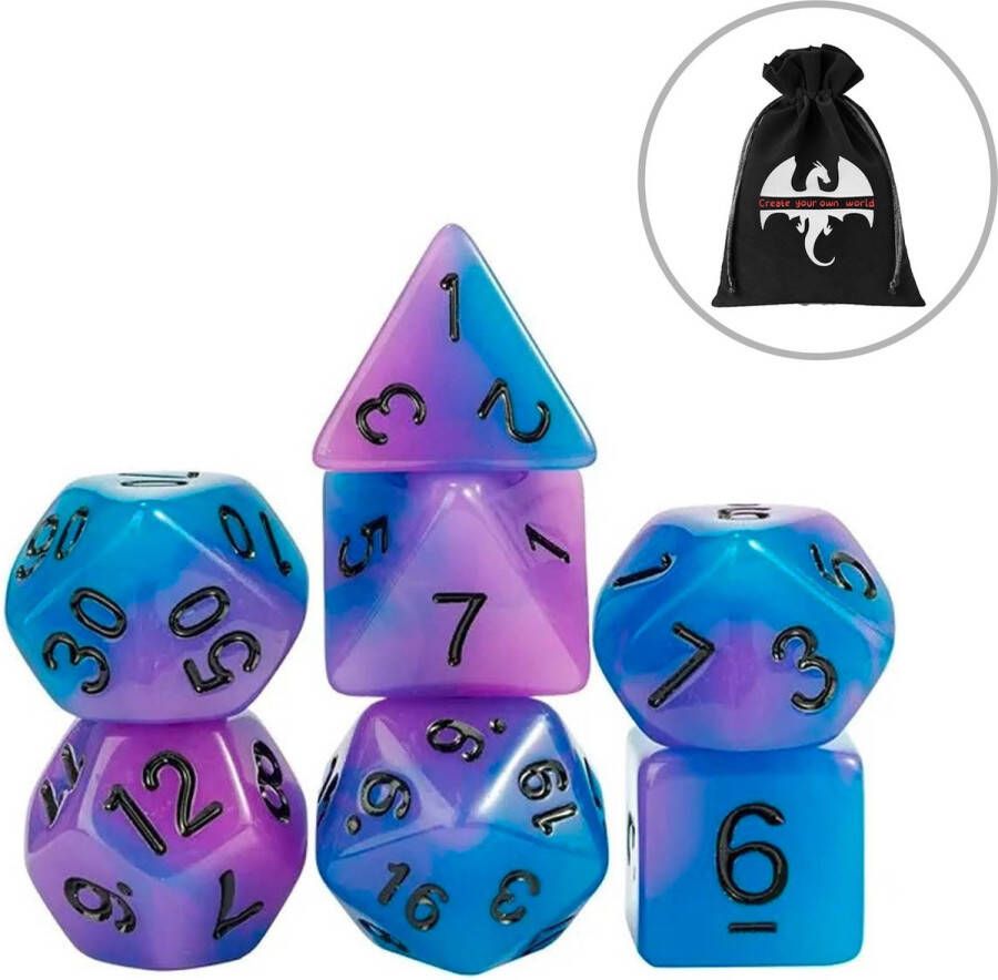 Lapi Toys Dungeons and Dragons dobbelstenen DnD D&D Polydice Glow in the dark 1 set (7 stuks) Acryl Paars