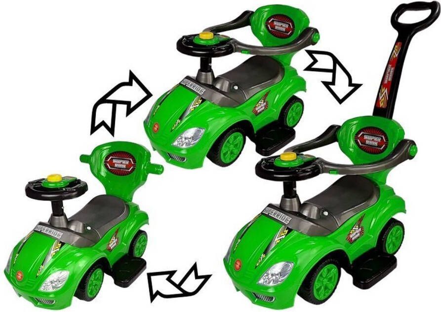 Lean Toys Mega Car 3 in 1 loopauto met duwstang Groeit mee met je kind Groen