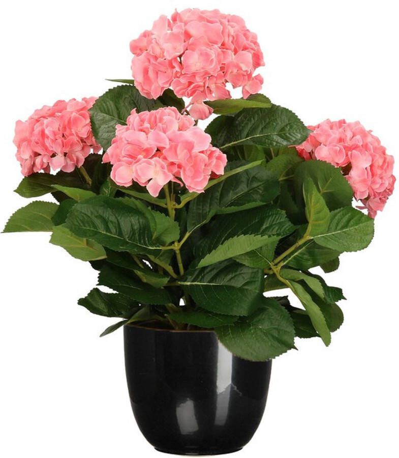 Mica Decorations Hortensia kunstplant kunstbloemen 45 cm roze in pot zwart glans Kunst kamerplant