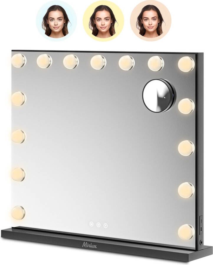 Mirlux Hollywood Make Up Spiegel LED Verlichting 10x Zoom Ophangbaar Zwart 58x48cm