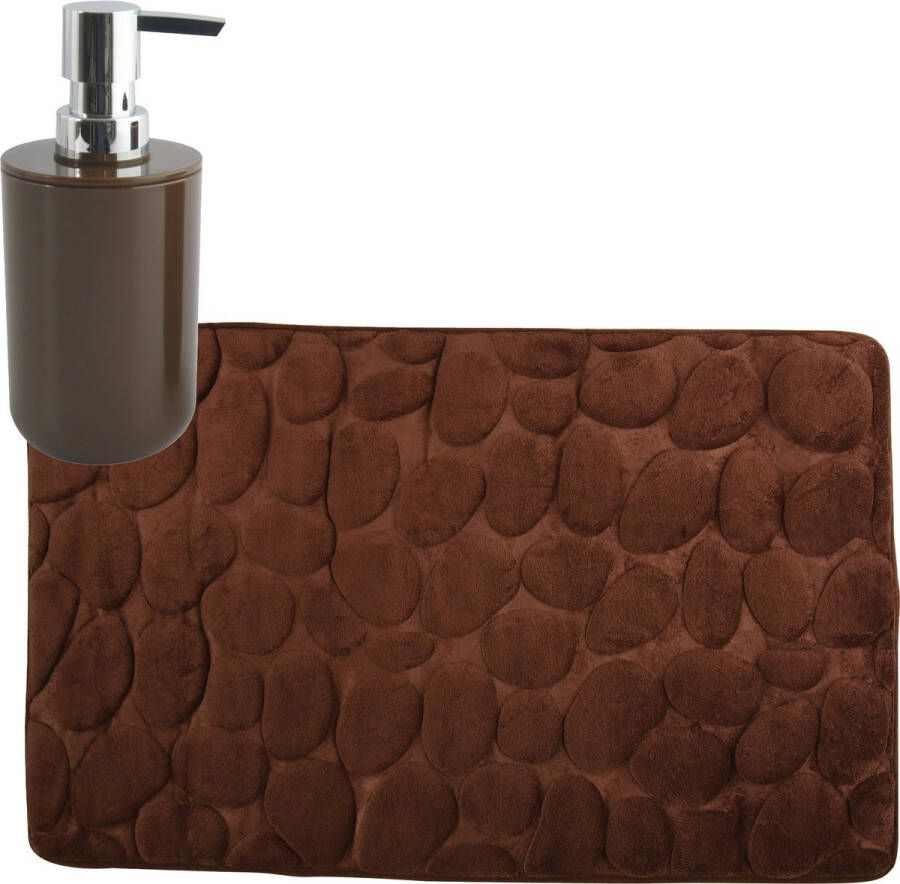 MSV badkamer droogloop mat tapijt Kiezel motief 50 x 80 cm zelfde kleur zeeppompje 260 ml bruin