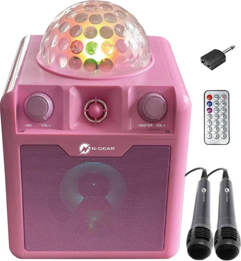 N-GEAR Disco Block 410 – Draagbare Bluetooth Speaker Karaoke Set 2 Microfoons – Verlichting Roze