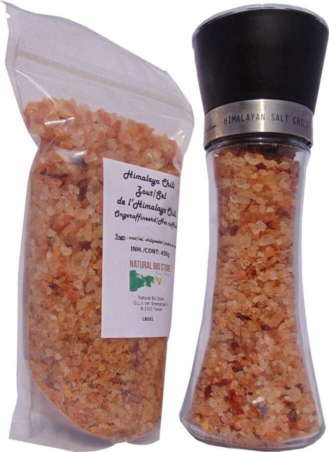 Natural Bio Store Roze Himalayazout Chili Duopack ✔1 Hervulbare Zoutmolen 180gr + 1 Navulverpakking 450gr