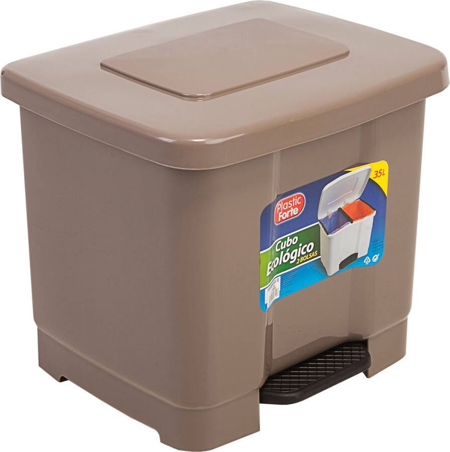 Forte Plastics Dubbele afvalemmer vuilnisemmer 35 liter met deksel en pedaal Taupe- vuilnisbakken prullenbakken Kantoor keuken