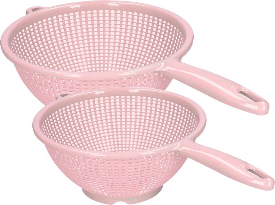 Forte Plastics Plasticforte Keuken vergieten zeef met steel 2x stuks kunststof Dia 22 24 cm roze Vergieten