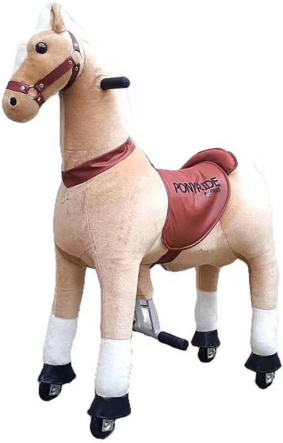 Pony Ride PonyRide Rijdend Speelgoed Paard Hobbelpaard 85x33x105 cm 4-10 Jaar Inclusief Inline Skate Wieltjes en leder zitje licht Bruin