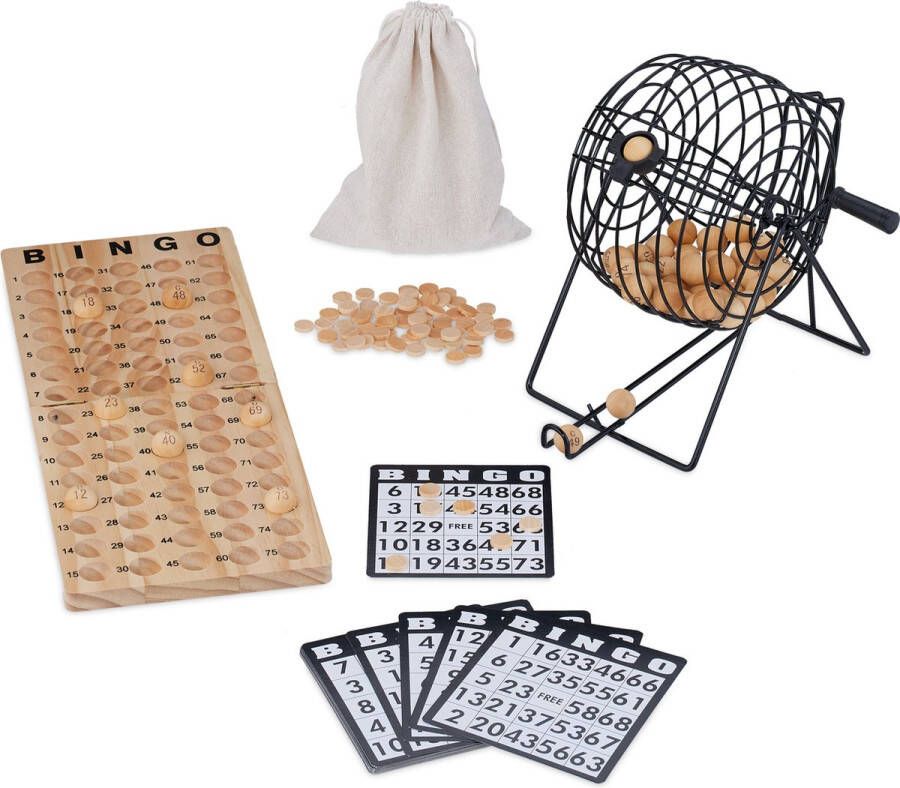 Relaxdays bingo spel hout bingokaarten bingomolen set kinderbingo ouderen