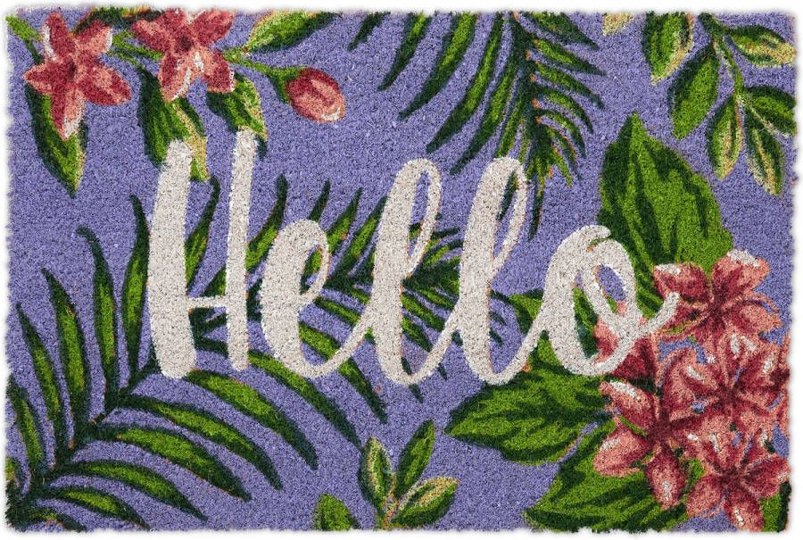 Relaxdays Deurmat kokos 'hello' kokosmat bloemen & planten voordeurmat kleurrijk