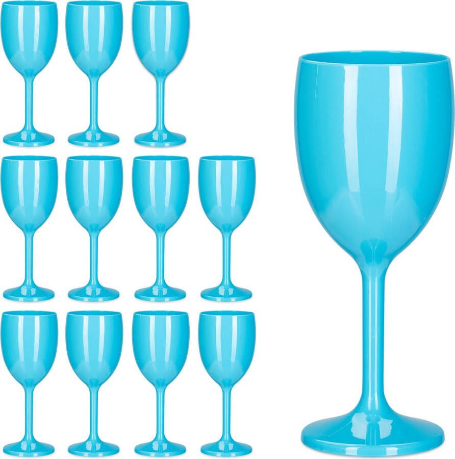 Relaxdays kunststof wijnglazen set van 12 herbruikbare glazen onbreekbaar blauw