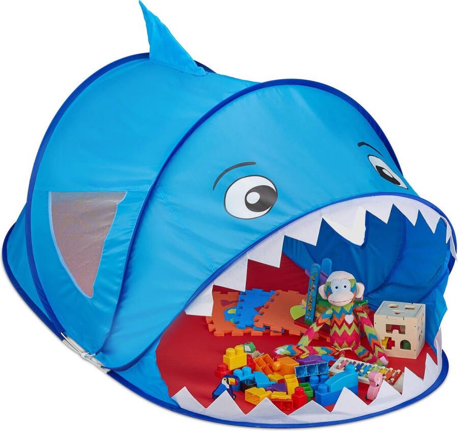 Relaxdays Speeltent haai pop-up kindertent tent kinderen speelgoedtent blauw