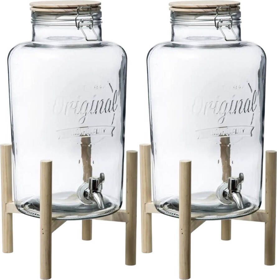 Secret de Gourmet 2x stuks glazen drank dispenser 8 liter metalen kraantje en houder Drankdispensers