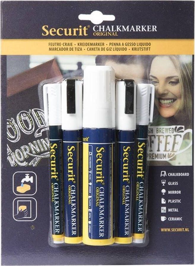 Securit 5x Witte vloeibare krijtstiften in 3 verschillende maten 1-2 mm 2-6 mm 7-15 mm Krijtstiften hobby artikelen kantoor benodigheden
