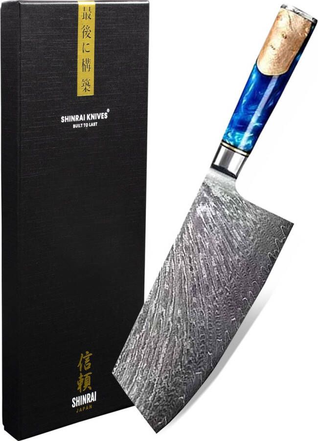 Shinrai Japan™ Shinrai Japan Japans hakmes 19 cm Koksmes Damascus Mes Epoxy Sapphire Met Luxe Geschenkdoos