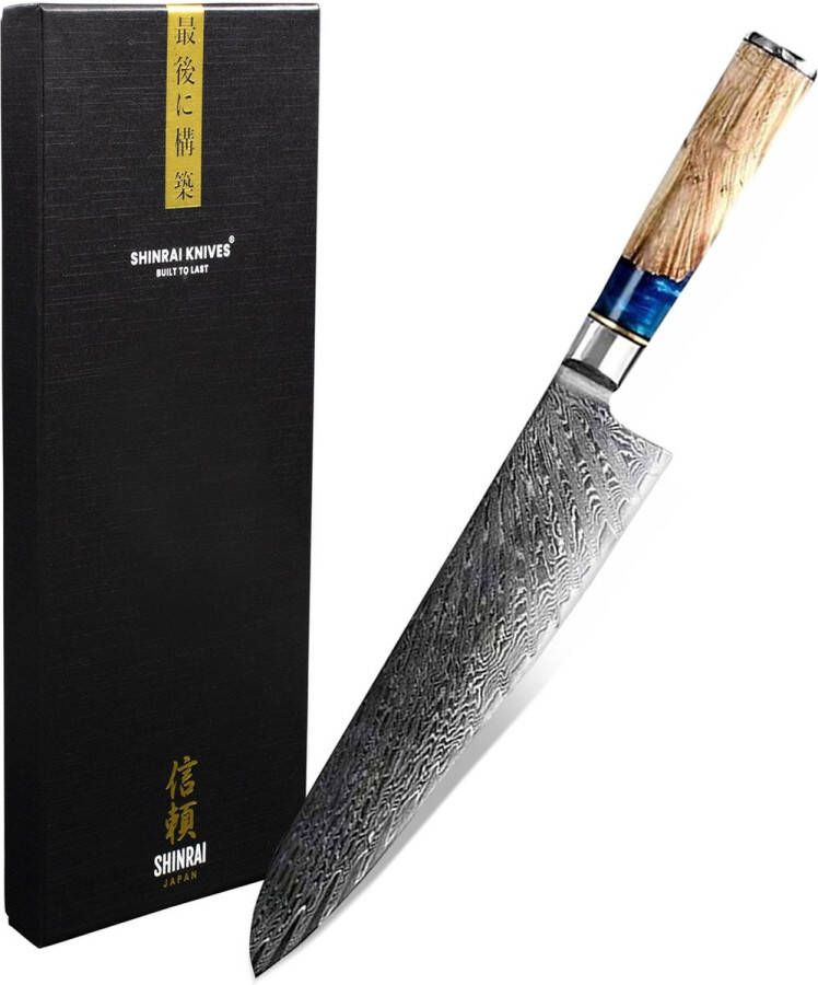 Shinrai Japan™ Shinrai Japan Japans Koksmes 20 cm Koksmes Damascus Mes Epoxy Sapphire Met Luxe Geschenkdoos