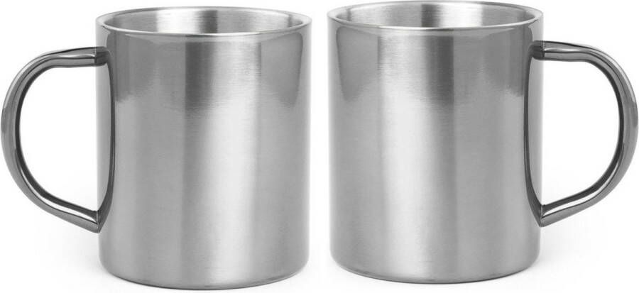 Shoppartners Set van 2x stuks koffie drinkbekers mokken zilver metallic RVS 280 ml Mokken bekers voor hete drankjes of outdoor