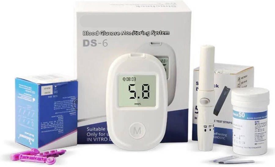 Simcheck Glucosemeter Starterspakket Incl. 50 Teststrips 50 Lancetten & Prikpen Bloedsuikermeter Glucosetest Diabetes Meter Complete set Draagbaar