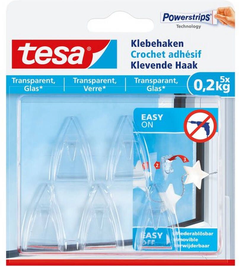 Tesa klevende Haak voor Transparant en Glas draagvermogen 200 g blister van 5 stuks