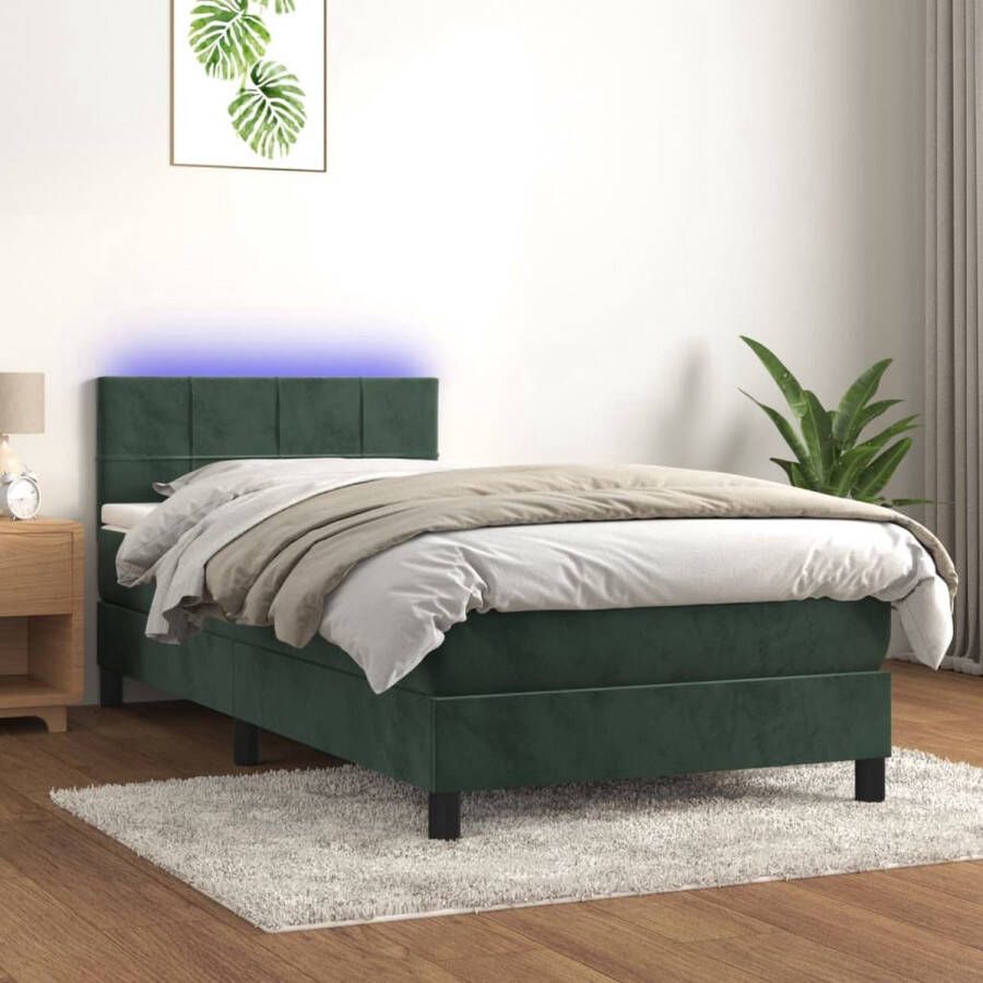 The Living Store Bed fluweel donkergroen 193x90x78 88cm + pocketvering matras 90x190x20cm + bedtopmatras 90x190x5cm + LED-strip 55cm verstelbaar hoofdbord