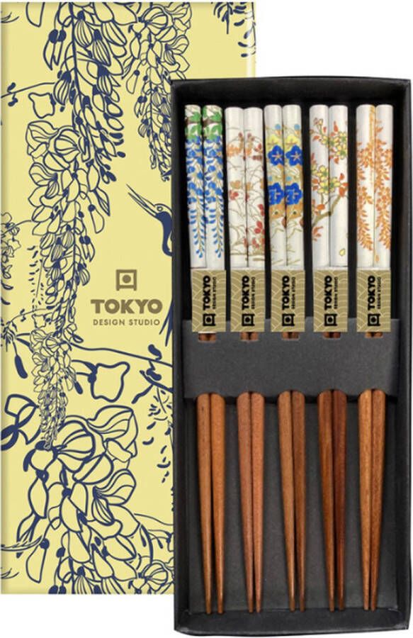 Tokyo Design Studio Chopsticks Set Eetstokjes Hout Floral Set van 5 paar