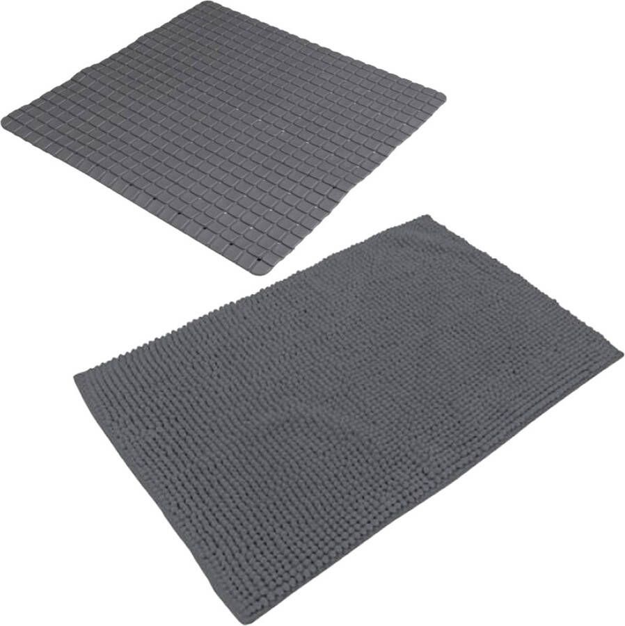 Urban Living Douche anti-slip en droogloop mat tapijt badkamer set rubber polyester antraciet