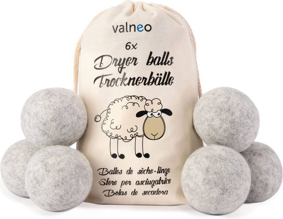 Valneo 6 wasdrogerballen voor wasdrogers in het grijs van 100% natuurlijke schapenwol ecologische wasbal Dryer Balls geschikt als wasverzachter voor je droger
