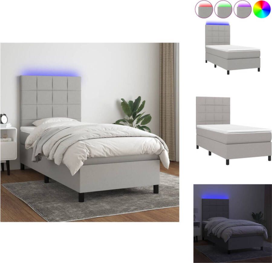 VidaXL Bed LED-light 203 x 100 cm Light Grey Breathable and Durable Adjustable Headboard Colorful LED Lighting Pocket Spring Mattress Skin-friendly Top Mattress Assembly Manual Included USB Connection Excluded Bed