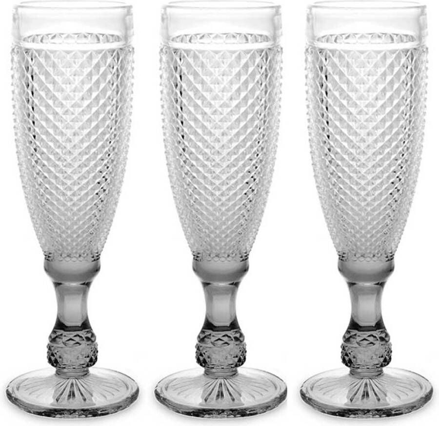 Vivalto Prosecco champagneglazen glas set 6x stuks 185 ml Luxe Diamonds relief glas Champagneglazen
