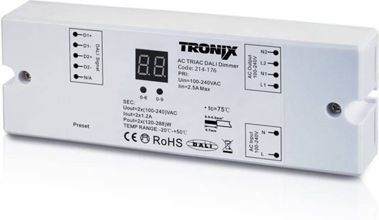 Tronix Dali dimmer 2 kanalen 230V voor triac dimbare led lampen max 288W per kanaal 214-176