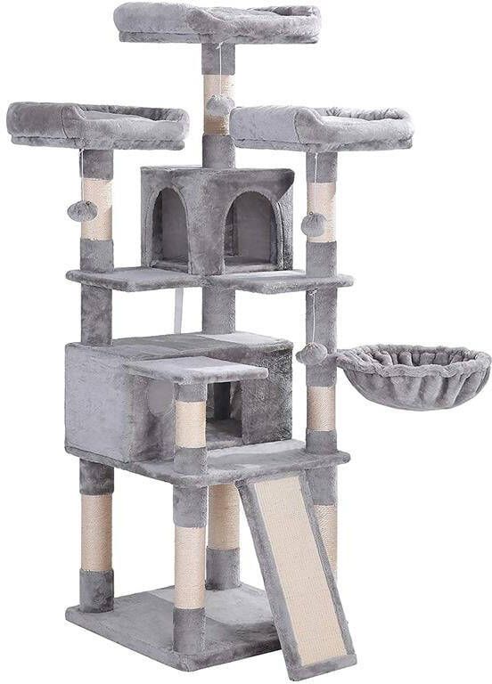 Acaza Katten krabpaal met twee huisjes en speeltjes voor meerdere katten XXL Cat Condo 168 cm Lichtgrijs