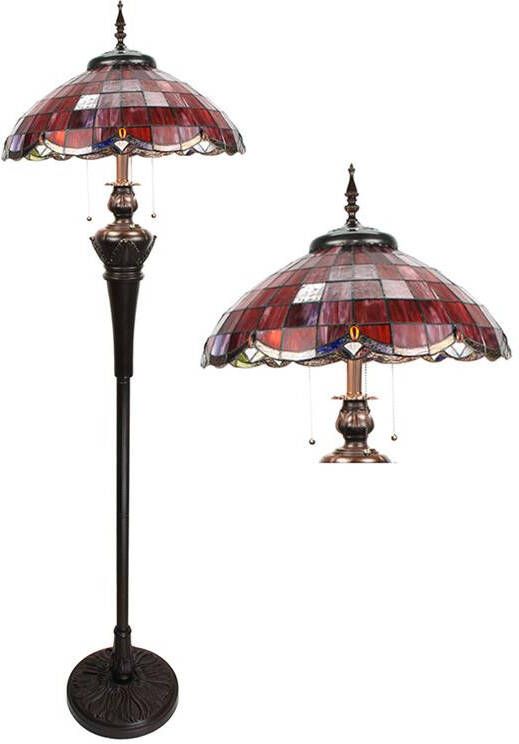 Clayre & Eef LumiLamp Tiffany Vloerlamp 166 cm Rood Glas Kunststof Staande Lamp Rood Staande Lamp