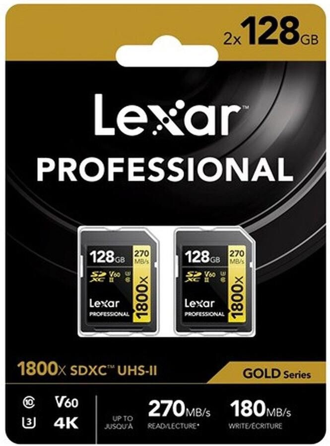 Lexar Professional Gold SDXC 1800X 128GB UHS-II V60 2pack | Geheugenkaarten | 0843367127535