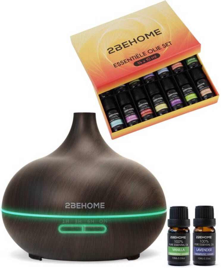 2BEHOME Aroma Diffuser 550ML met Afstandsbediening Incl. 16 Etherische Oliën Cadeauset -Donkere houtlook-7 LED Kleuren