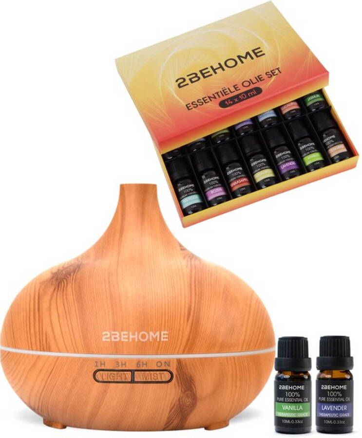 2BEHOME Aroma Diffuser 550ML met Afstandsbediening -Incl. 16 Etherische Oliën Cadeauset -Lichte houtlook 7 LED Kleuren