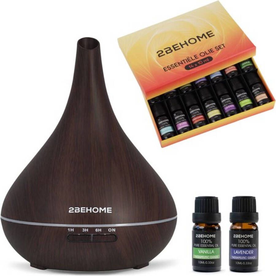 2BEHOME Aroma Diffuser 550ML met Afstandsbediening Incl. 16 Etherische Oliën Donkere Houtlook 7 LED Kleuren