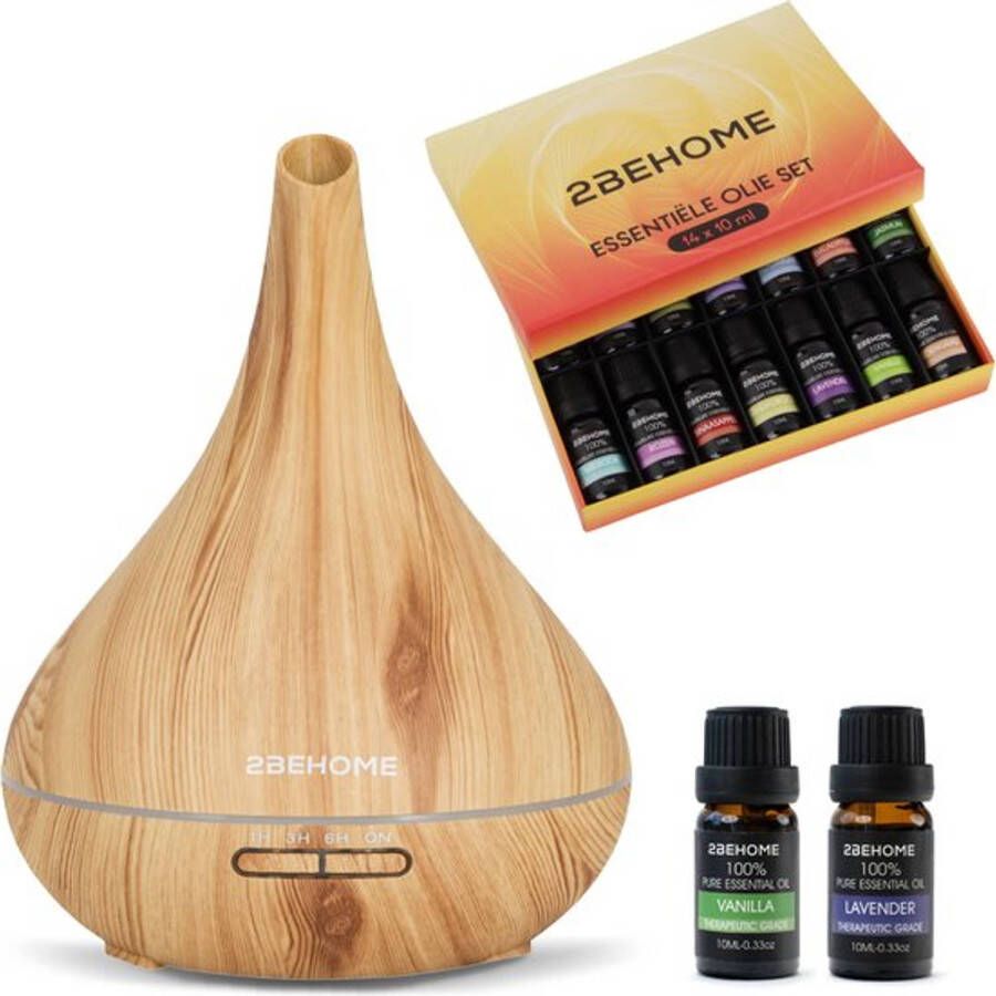 2BEHOME Aroma Diffuser 550ML met Afstandsbediening Incl. 16 Etherische Oliën Lichte Houtlook 7 LED Kleuren