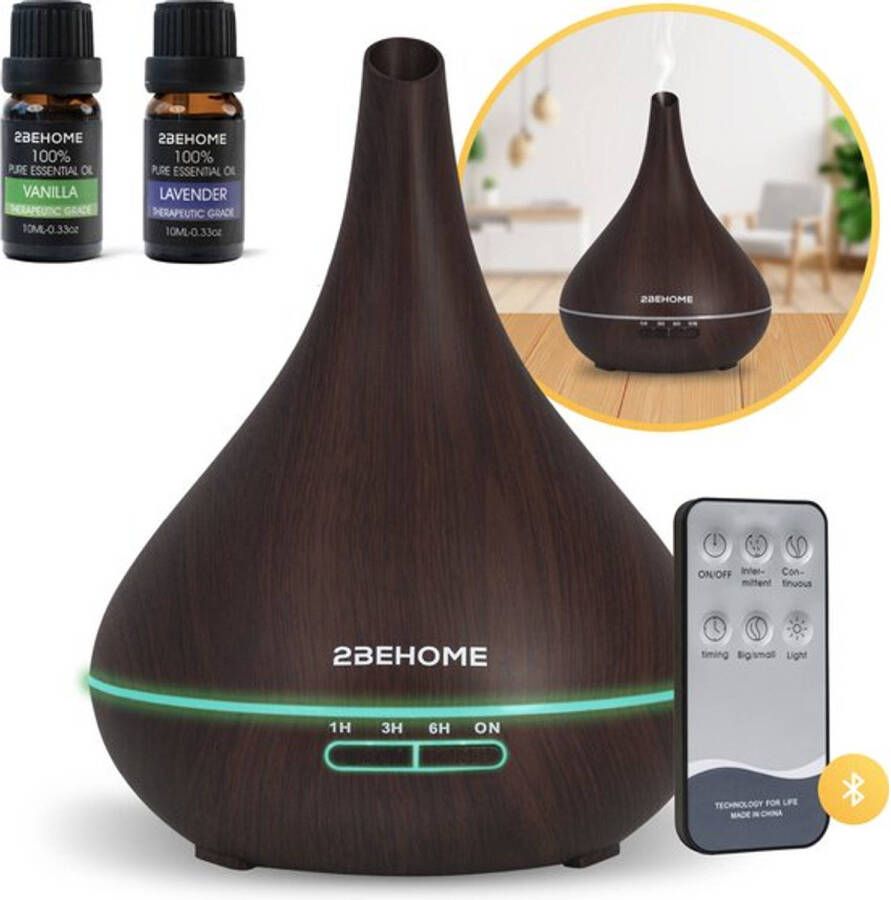 2BEHOME Aroma Diffuser 550ML met Afstandsbediening Incl. 2 Etherische Oliën Donkere houtlook 7 LED Kleuren