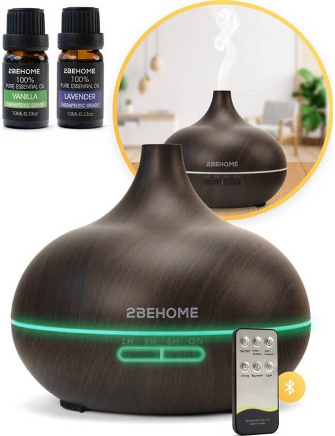 2BEHOME Aroma Diffuser 550ML met Afstandsbediening Incl. 2 Etherische Oliën Donkere houtlook 7 LED Kleuren