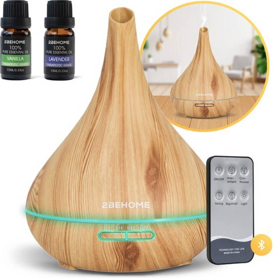 2BEHOME Aroma Diffuser 550ML met Afstandsbediening Incl. 2 Etherische Oliën Lichte Houtlook 7 LED Kleuren