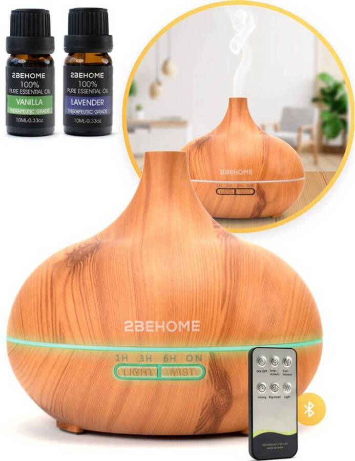 2BEHOME Aroma Diffuser 550ML met Afstandsbediening Incl. 2 Etherische Oliën Lichte Houtlook 7 LED Kleuren