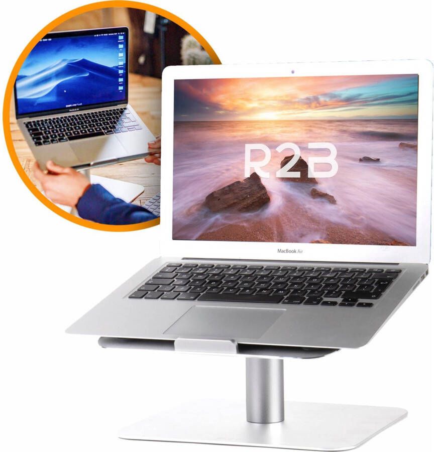 R2B Laptop standaard verstelbaar en draaibaar 360 graden rotatie Model Waalwijk 10 t m 17 inch Zilver