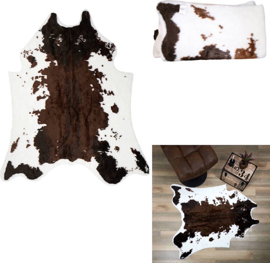 4Goodz Vloerkleed Koe Vacht Polyester 135x140 Cm Bruin Wit Rodeo Vacht Imitatie Dierenhuid