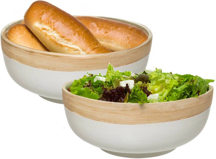 5Five 2x serveerschaal saladeschaal wit bamboe 20 x 8 cm rond Saladeschalen