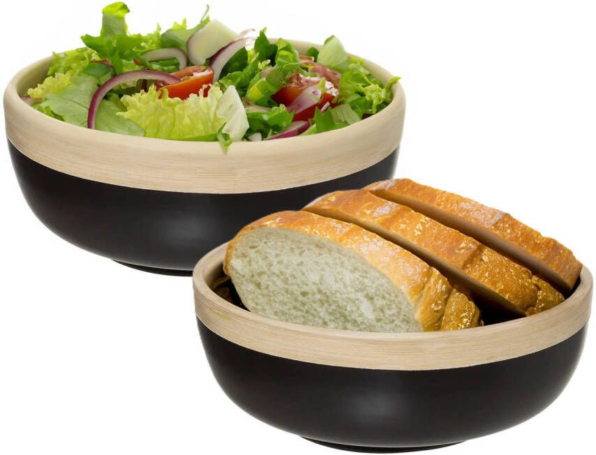 5Five 2x serveerschaal saladeschaal zwart bamboe 20 x 8 cm rond Saladeschalen