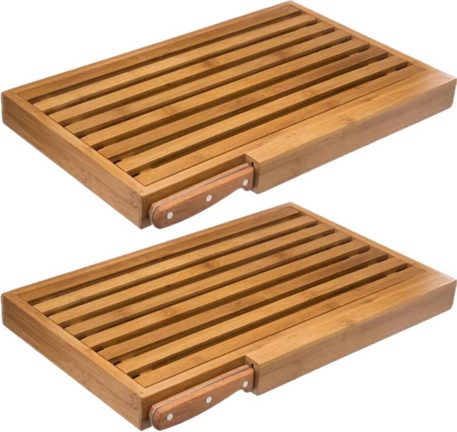 5Five 2x Stuks brood snijplank met kruimel opvangbak 44 x 27 cm van bamboe hout inclusief broodmes Snijplanken