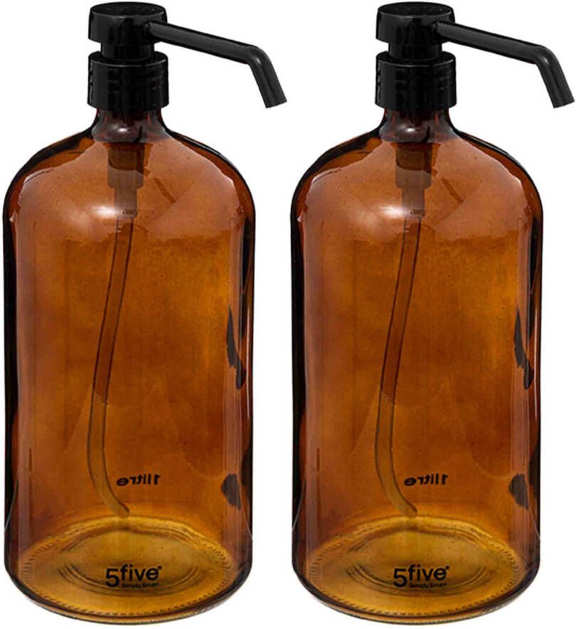 5Five 2x Stuks Zeeppompjes zeepdispensers van glas bruin 1 liter Zeeppompjes