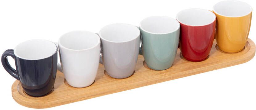 5Five Espresso koffie kopjes set 6x met bamboe plankje aardewerk kopjes 90ml diverse kleuren Koffie- en theeglazen