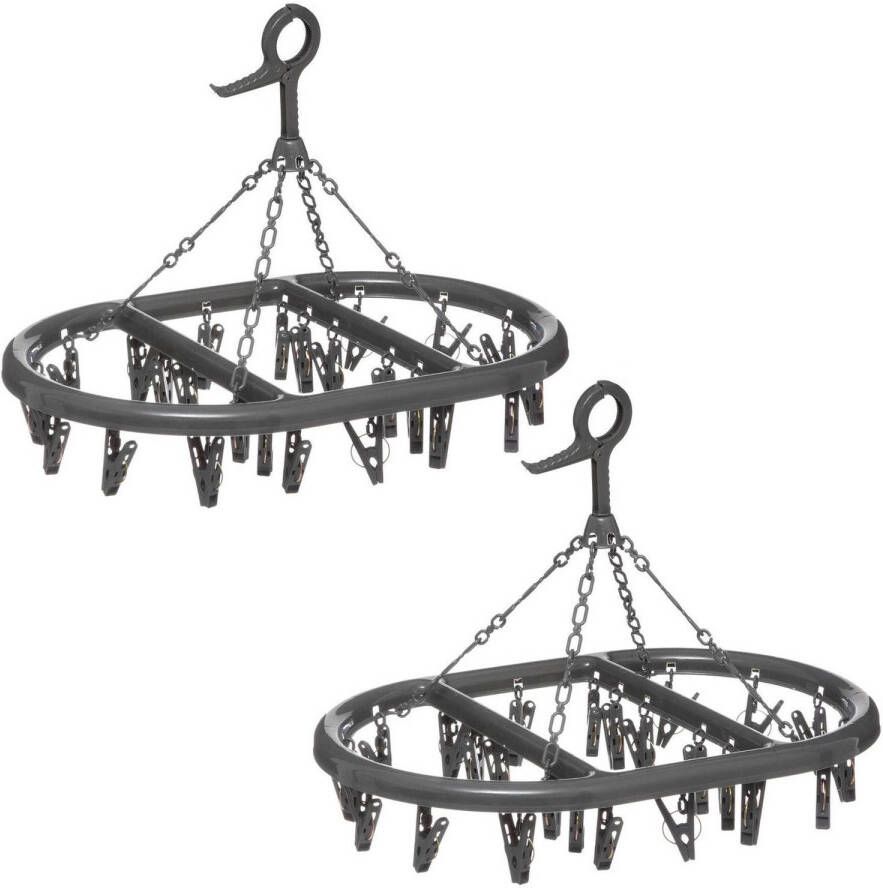 5Five Set van 2x stuks droogcarrousel droogmolen zwart met 24 knijpers 45 x 33 cm van kunststof Hangdroogrek
